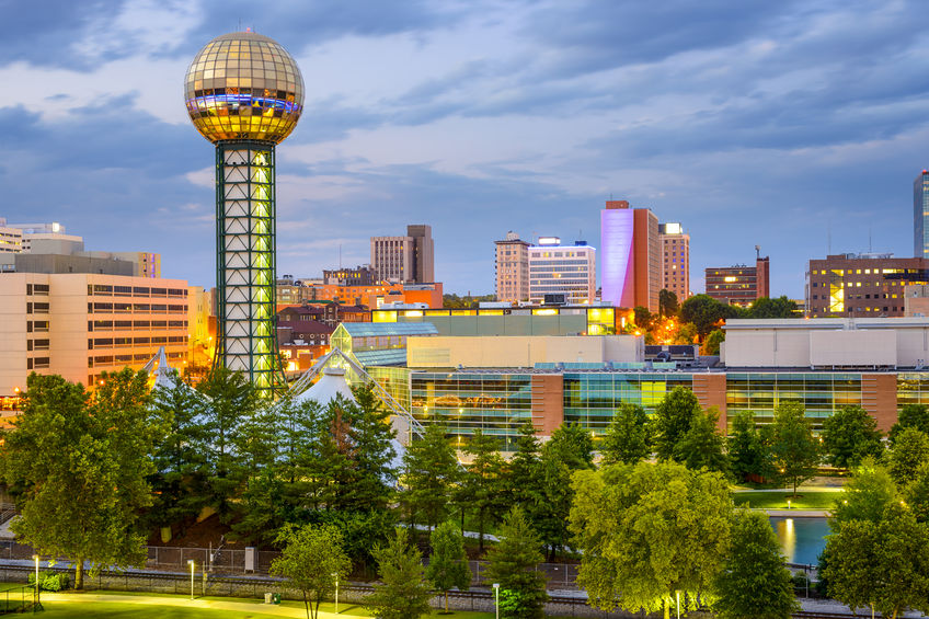 Knoxville, TN Sun Sphere city and skyline at World's Fair Park.